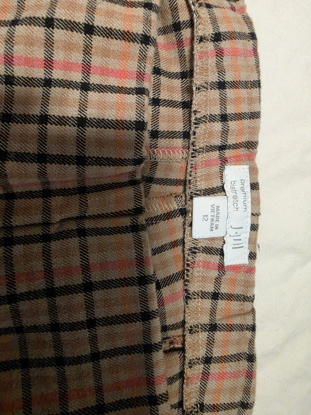 Tan Plaid Pant with Black Windowpane and Coral Accents